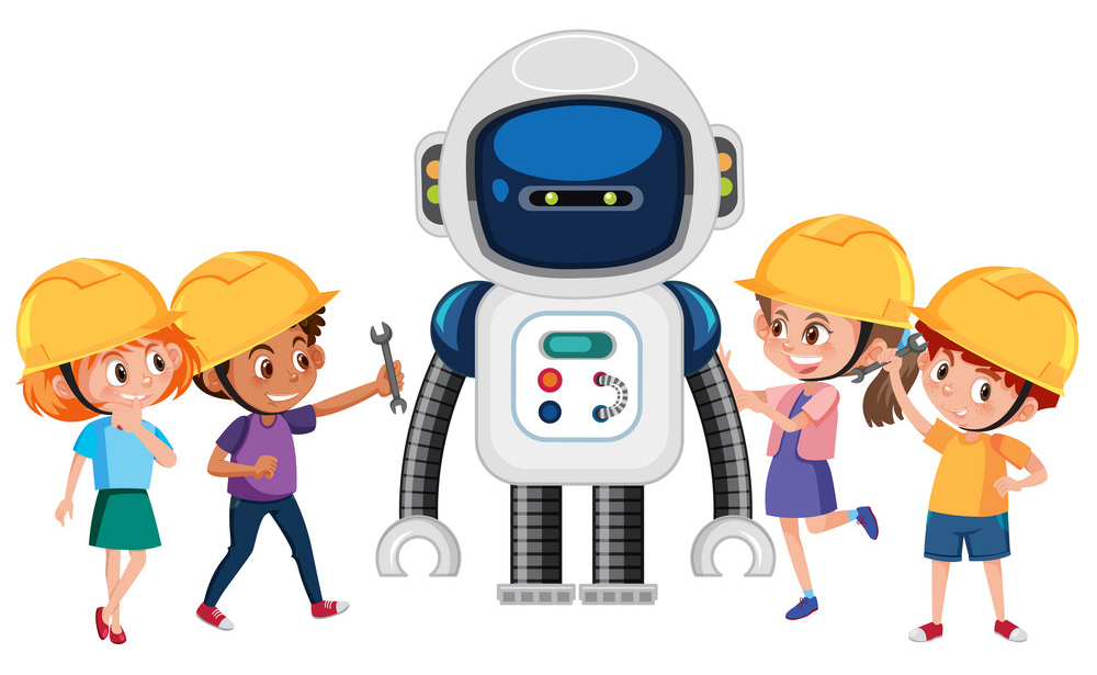 Group of children playing with robot illustration