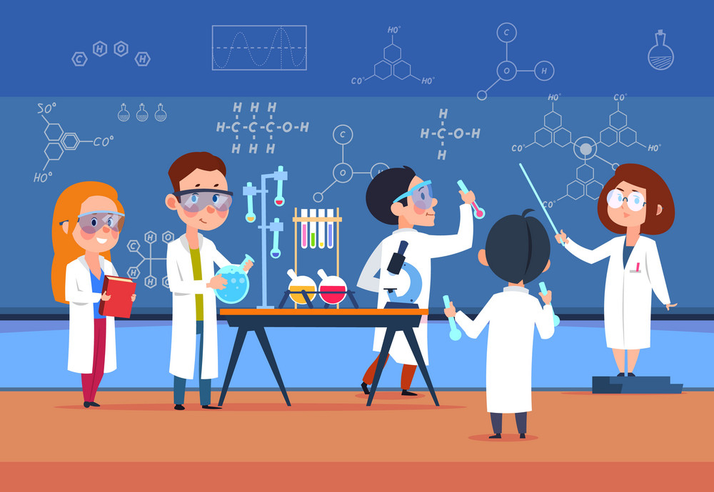 School kids in chemistry lab. Children in science laboratory make test. Cartoon pupils girls and boys in class. Vector illustration. Chemistry school lab experiment, science laboratory for education