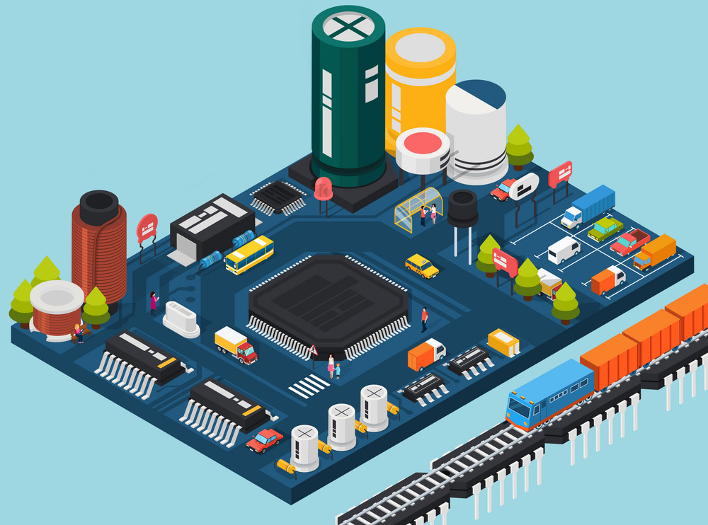 Colored technology semiconductor electronic components isometric city concept with city concept description vector illustration